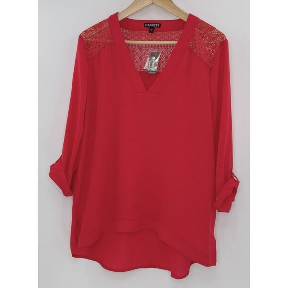 NWT Express Cherry Red‎  Chiffon Roll Tab Slv Hi-Low Blouse L Lace Back Preppy - Picture 1 of 10